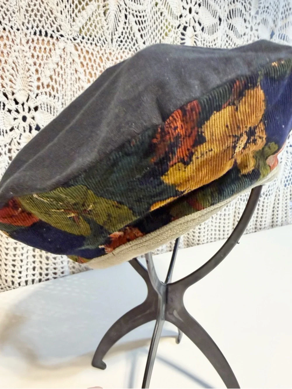 VINTAGE French beret hat moody dark floral corduroy navy blue newsboy cap boho - Picture 3 of 8